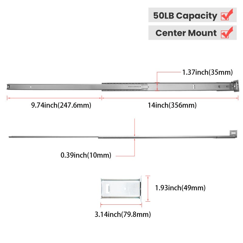 homdiy 1 Pcs Center Mount Drawer Slides for Cabinet and Dresser 14 Inch Heavy Duty Bottom Mount Drawer Rails 3/4 Extension Glide Track - Image 3